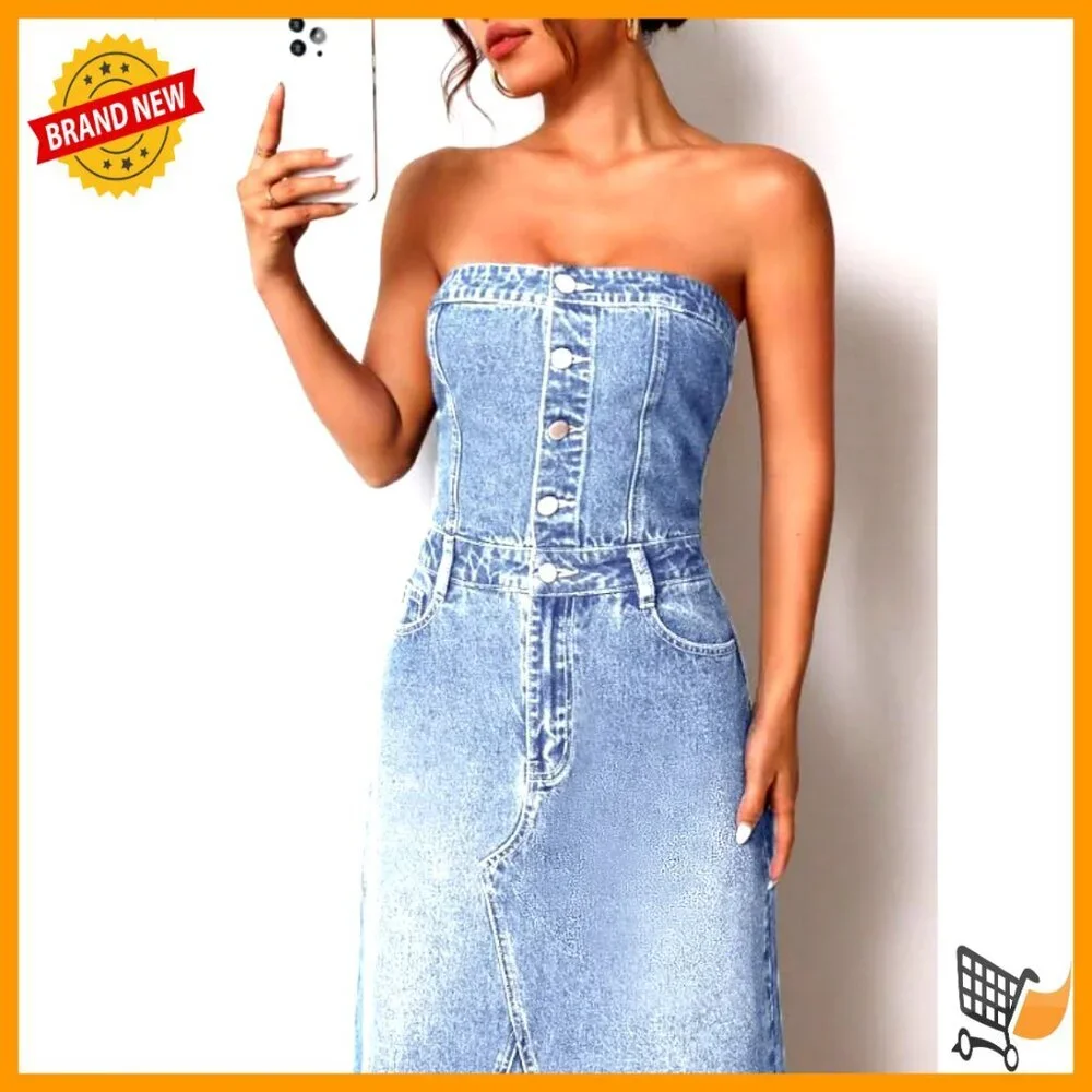 Strapless Denim Midi Dress, Slim Fit, Button Closure, Backless